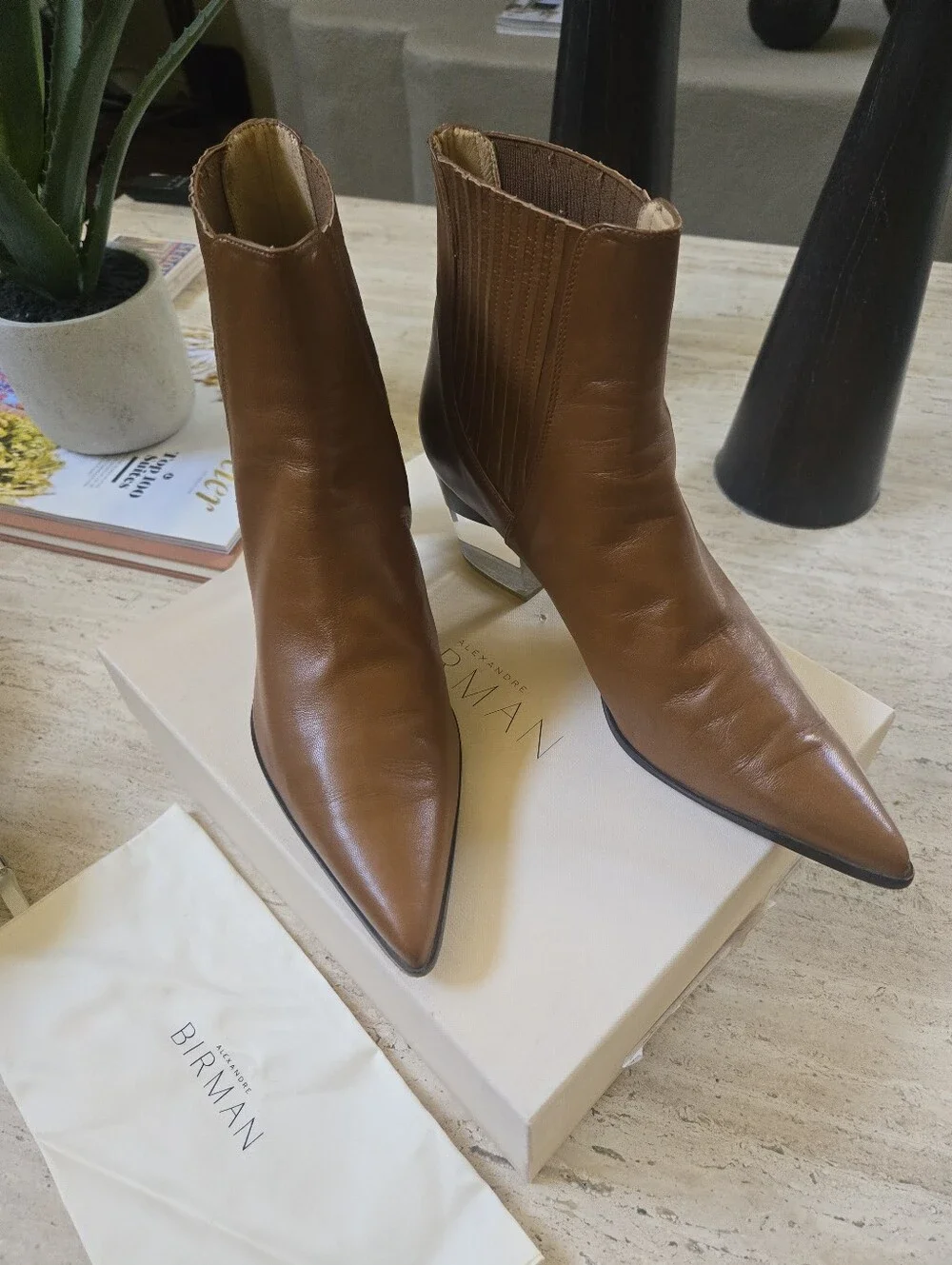 *Birman* Bravo Ankle Bootie with Clear Block Heel In Cognac Leather - Size 9/40